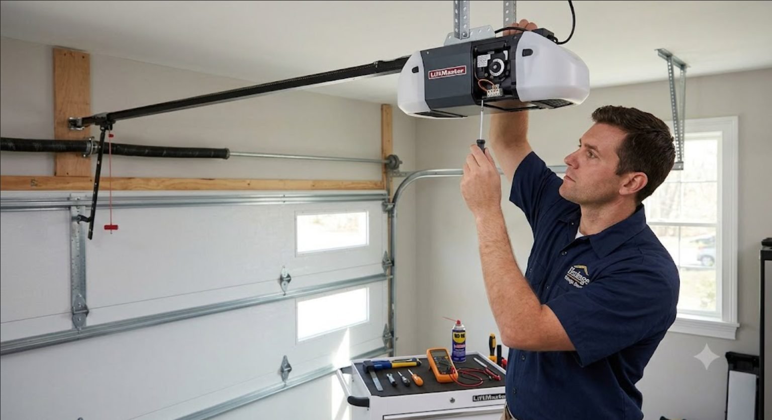 Technician inspecting safety sensors on an automatic garage door opener system
